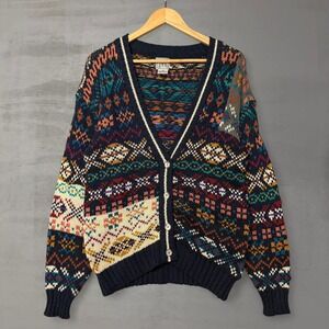 Vintage Cardigan Sweater Multi-Color Fair Isle Geometric Knit V-Neck‎ Size Small